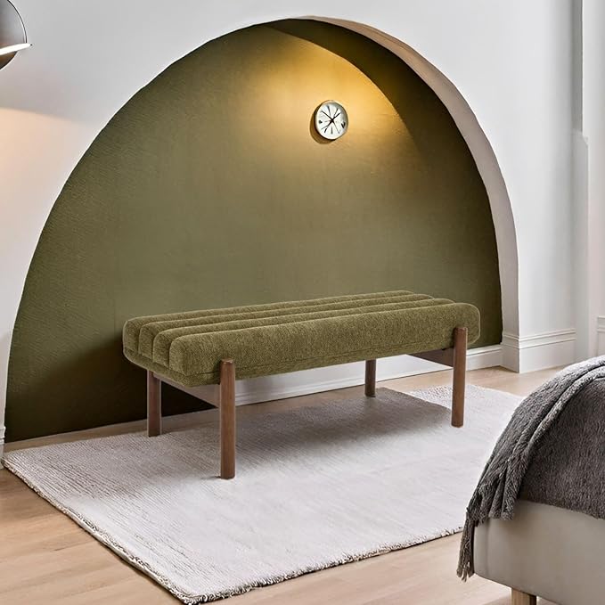 Green Upholstered Bench Modern End of Bed Bench Chenille Fabric Bedroom Bench for Entryway Living Room Vanity Makeup Room, 47" Long, Wooden Legs-Ruum Studio Home
