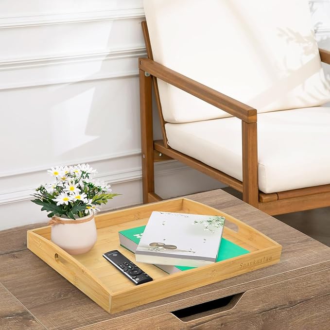 Bamboo Serving Tray Set of 2 Elegant for Coffee, Eating or Decor - Large and Small Rectangle Serving Trays with Handles - Wood Serving Tray Suitable for Home, Kitchen and Outdoor-Ruum Studio Home