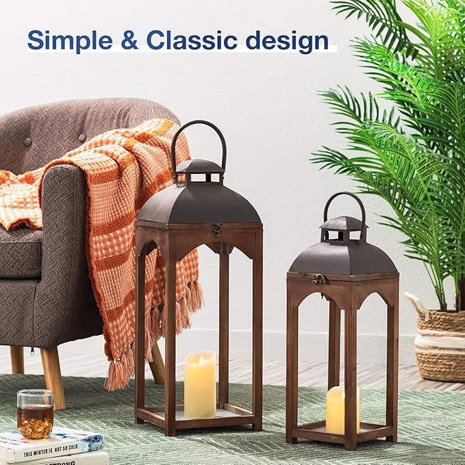 Glitzhome Set of 2 Mondern Farmhouse Wooden Lantern Hanging Decorative Candle Lanterns for Outdoor & Indoor Brown (No Glass)-Ruum Studio Home