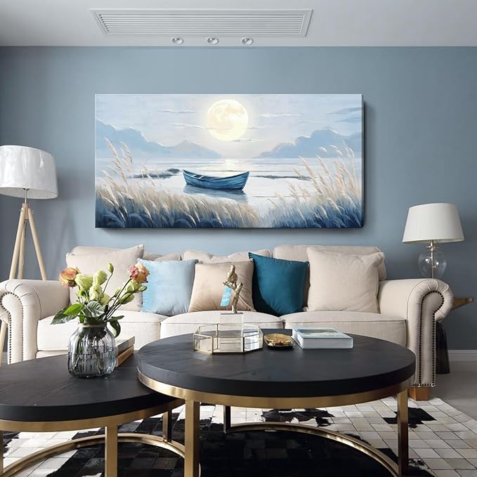 Oversized Large Living Room Wall Art, Blue Wall Decor for Bedroom, Modern Nautical Ocean Beach Seascape Nature Picture Sailboat Moon Lake Mountain Canvas Print Relaxing Serene Coastal Rustic Artwork-Ruum Studio Home
