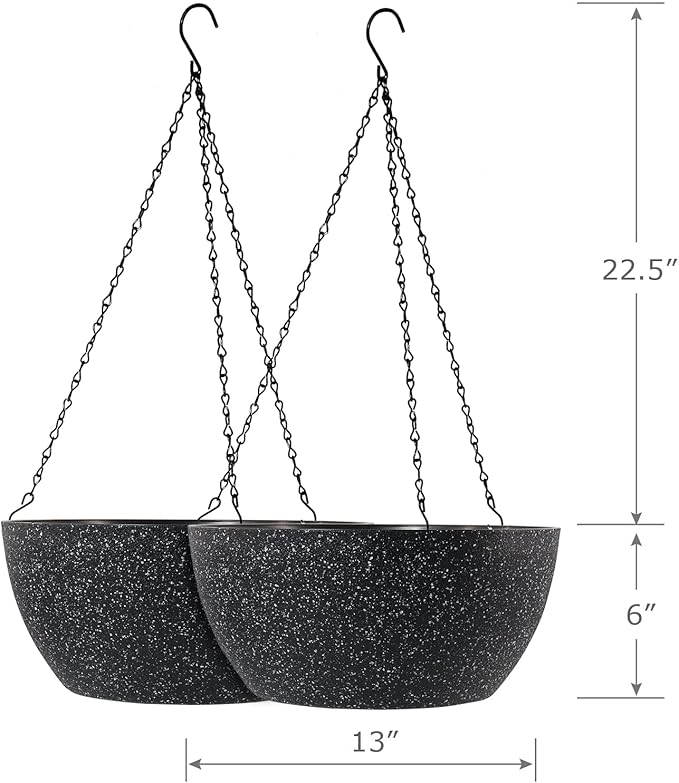 13 inch Large Hanging Planters Plant Pots for Outdoor Indoor Plants with Drainage Holes and Chain, 2 Pack Round Hanging Flower Pots for Garden Home Porch Decor, Speckled Black-Ruum Studio Home