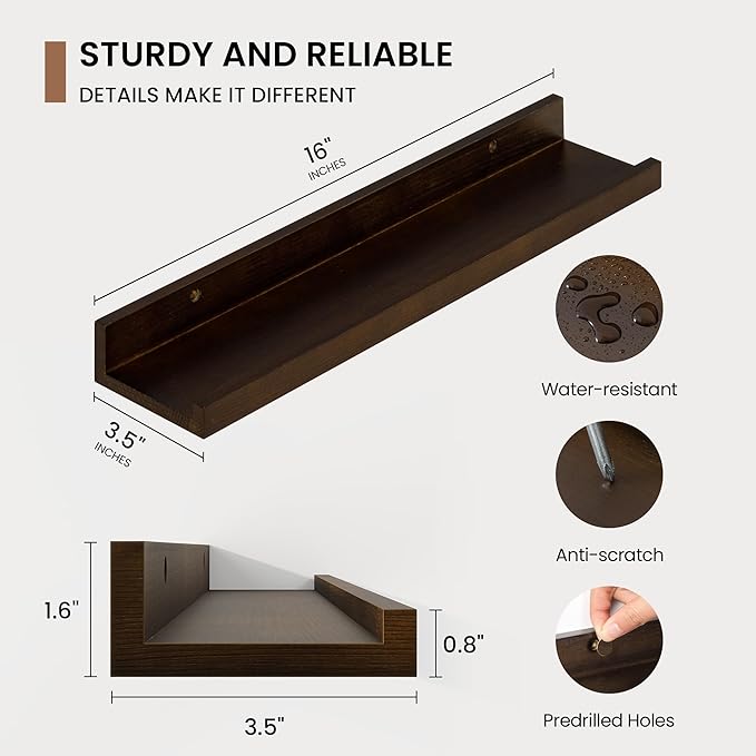 Picture Ledge Shelf, Solid Pine Wood Floating Shelves Set of 4, 16 Inches Nursery Book Shelves for Toys Storage, Kids Bookshelf Wall Mounted for Living Room Decor Photo Frames, Walnut-Ruum Studio Home