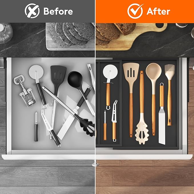 Lifewit Utensil Drawer Organizer, Expendable Cooking Silverware Tray for Kitchen Drawer, Bamboo Adjustable Cutlery Flatware Holder, Spatula Tools and Gadgets Storage Divider, 4 Compartments, Black-Ruum Studio Home