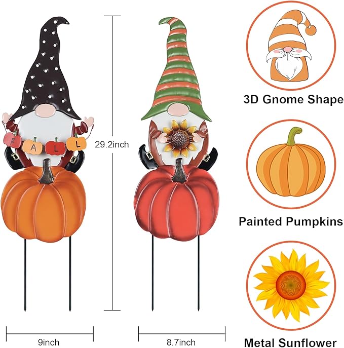 hogardeck Fall Decorations for Home Outdoor, 2 Pcs Metal Gnome Decorative Garden Stakes with Pumpkins for Fall Decor, Yard Signs for Garden Home Lawn Patio Thanksgiving Decorations-Ruum Studio Home