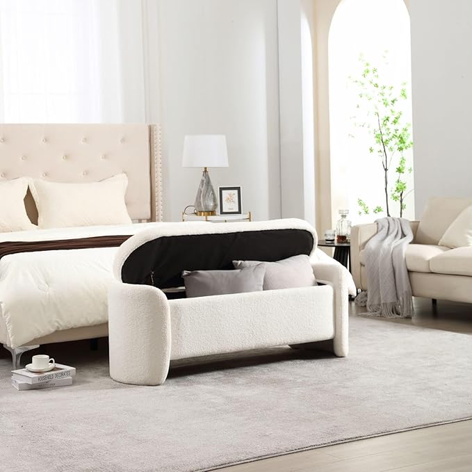 ROCTY White Boucle Storage Bench - 50" Sherpa Ottoman Bench for Bedroom, Entryway, Living Room & Vanity - Teddy Fabric with Storage & Seating-Ruum Studio Home