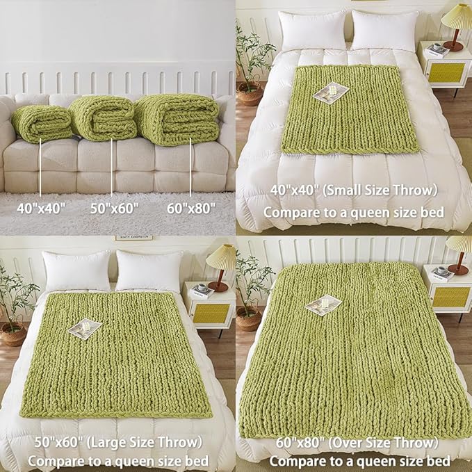 WESHIONGOO Chunky Knit Blanket Throw 50"×60" Knitted Throw Blankets for Couch Bed Fluffy Soft Blanket with Jumbo Chenille Yarn Thick 100% Handmade (Lime Green)-Ruum Studio Home