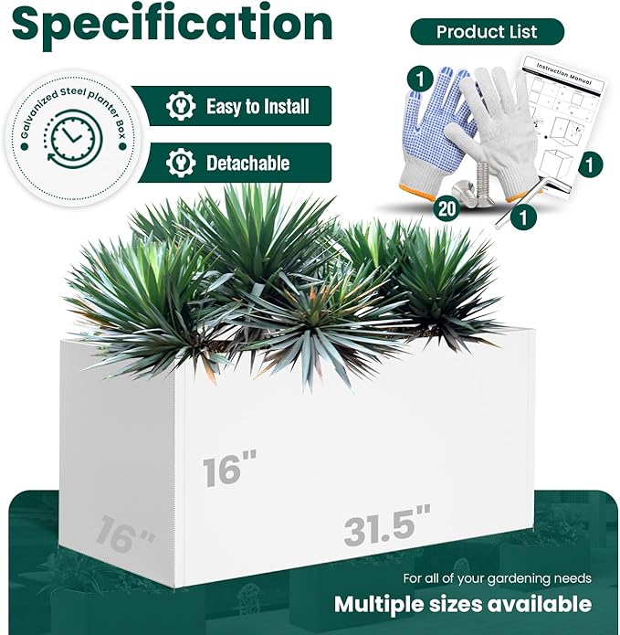 White Steel Planter Outdoor Indoor Planter Box Galvanized Steel Metal Large Planters Rectangular Flower Pot 31.5 In L x 16 In W x 16 In H Modern Commercial Residential for Trees Patio Deck Yard Garden-Ruum Studio Home