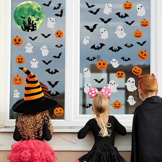 6 Sheets Halloween Window Clings Halloween Window Stickers Double-Sided Removable Castle Pumpkin Ghost Bat Window Decals Decor for Scary Halloween Theme Party Decorations-Ruum Studio Home