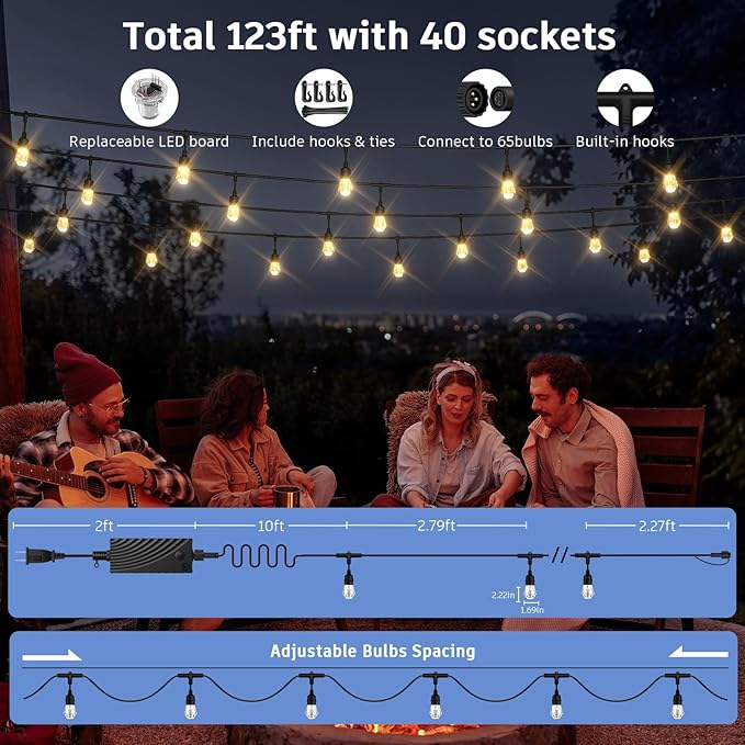 XMCOSY+ Smart Outdoor String Lights - 123ft RGBCWIC Patio Lights with 40 Color Changing Bulbs, LED String Light for Outside Backyard Bistro Party, APP WiFi Control, Work with Alexa, IP65 Waterproof-Ruum Studio Home
