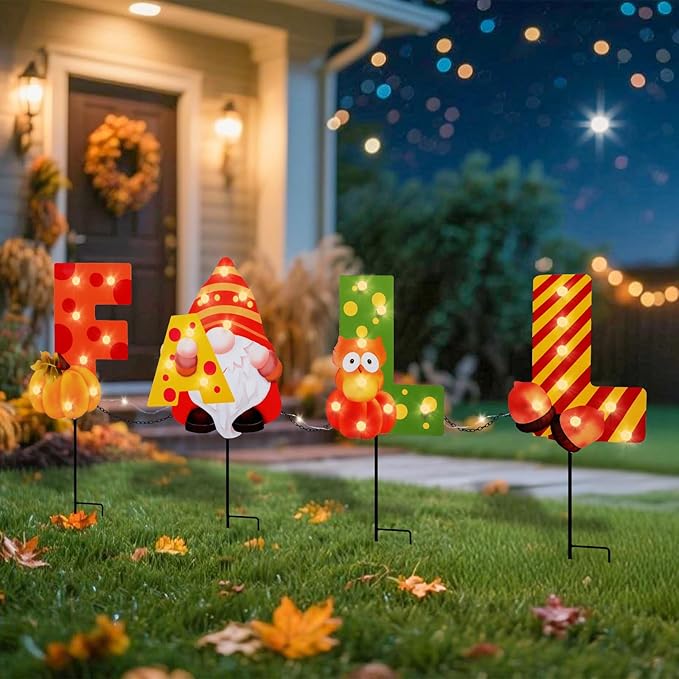 WONDER GARDEN Fall Yard Stakes Yard Signs, 4 Pack Metal Thanksgiving Lighted Garden Stakes, Gnome Sign with LED Lights for Harvest,Outdoor, Lawn,Farmhouse Decorations-Ruum Studio Home