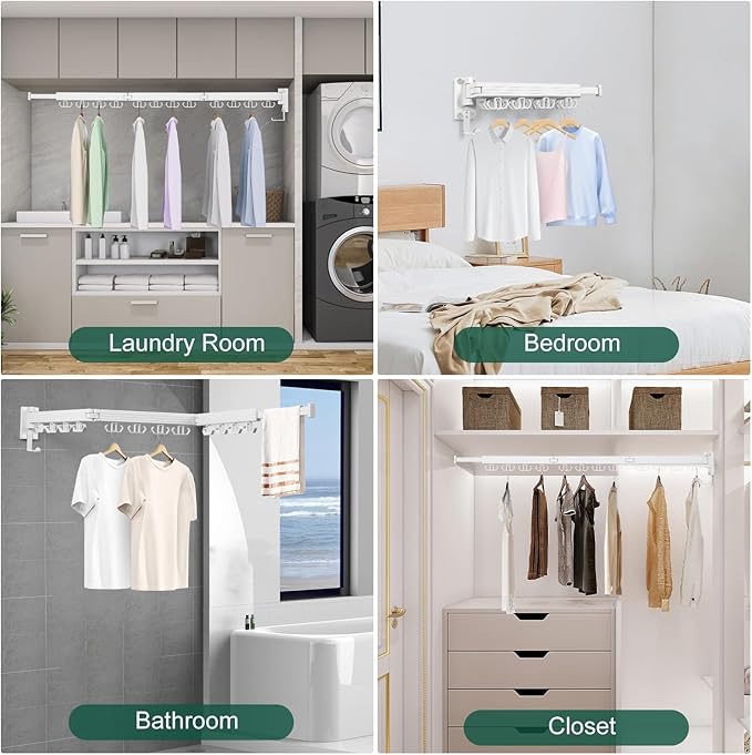 Wall Mounted Clothes Drying Rack, Laundry Drying Rack Wall Mount, 3-Fold Drying Rack Clothing, Foldable Clothes Drying Rack with 12 Dual Hooks Organization for Laundry Room Indoor - White-Ruum Studio Home