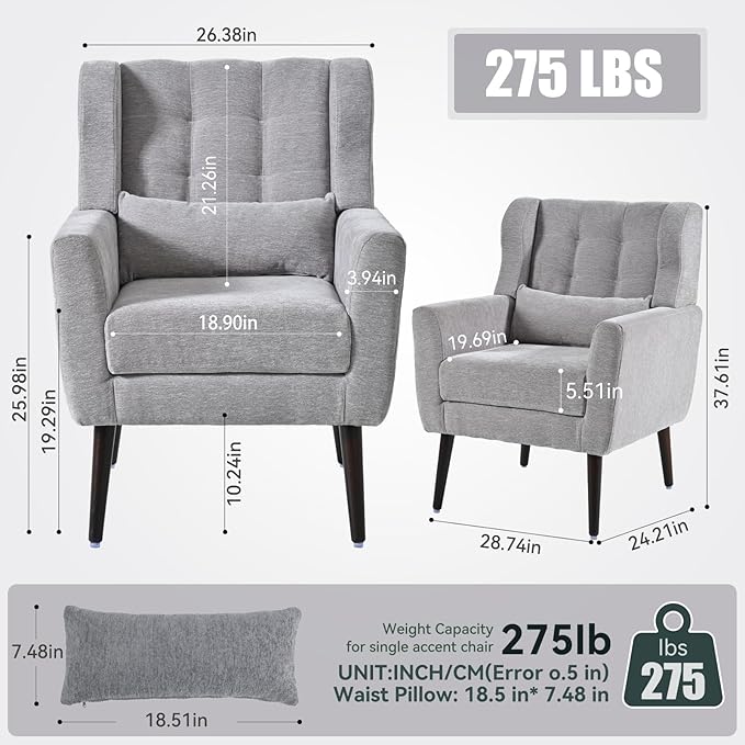 Accent Chair Set of 2, Upholstered Armchair with Pillow, Fabric Single Sofa Chair with Lounge Seat and Wood Legs Accent Chair for Living Room Small Spaces (Grey, Set of 2)-Ruum Studio Home