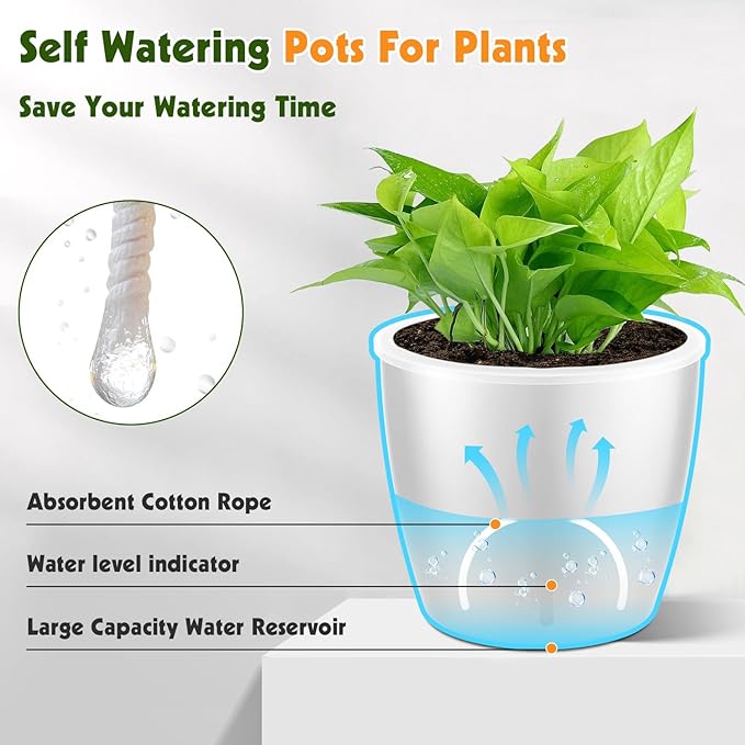 Self-Watering Pots for Indoor Plants, 8-Pack Self Watering Planter with Drainage Holes, Small African Violet Pots with Water Indicator, 5 Packs 5''/3 Pack 6.7'' Orchid Pot, White-Ruum Studio Home
