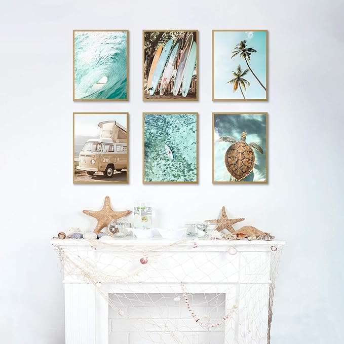 Laywhq Coastal Beach Wall Art Summer Ocean Surf Tropical Canvas Wall Decor Summer Nautical Palm Tree Turtle Surfboard Bus Room Paintings Prints Posters for Bedroom Living Room Set of 6 8x10in Unframed-Ruum Studio Home