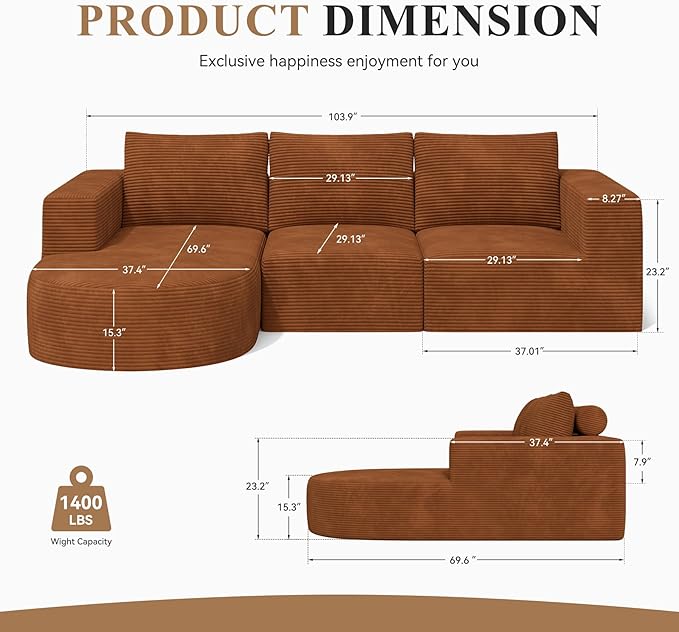 Modular Sectional Sofa with L-Shape Chaise,Cloud Sectional Modern Sleeper Couch with Deep Seat,Sponge Compression Sofas No Assembly Required (Brown-Corduroy Fabric) 1PCS-Ruum Studio Home