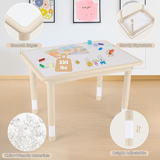 Kids Table and 2 Chairs Set, Height Adjustable (17.7"-26.1") Toddler Table and Chair Set, Multi-Activity Table with Graffiti Desktop, Children’s Table and Chairs for Classroom, Home & Daycare-Ruum Studio Home
