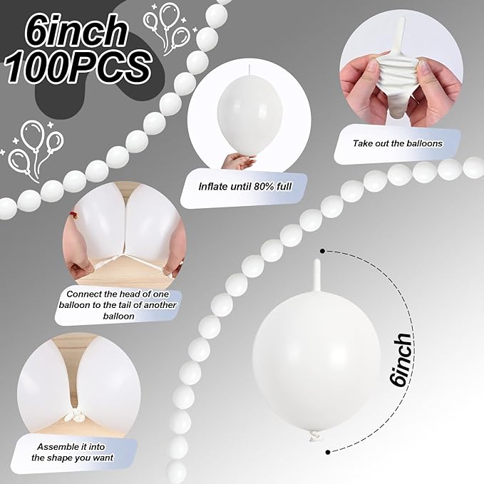 White Link Balloons, 100PCS Linking Balloons with Tail for Making Balloon Wall Arch and Chains, Pearl Quick Balloon for Wedding Birthday Baby Shower Engagement Graduation Party Decorations (6inch)-Ruum Studio Home