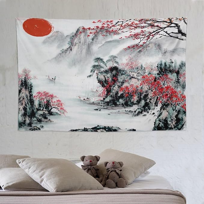 Cherry Blossoms Tapestry,Japanese Red Landscape Asian Watercolor Abstract Art Tapestry, Asian Japanese Wall Tapestry, Nature Landscape Tapestries for Bedroom Living Room Decor 90"x60"-Ruum Studio Home