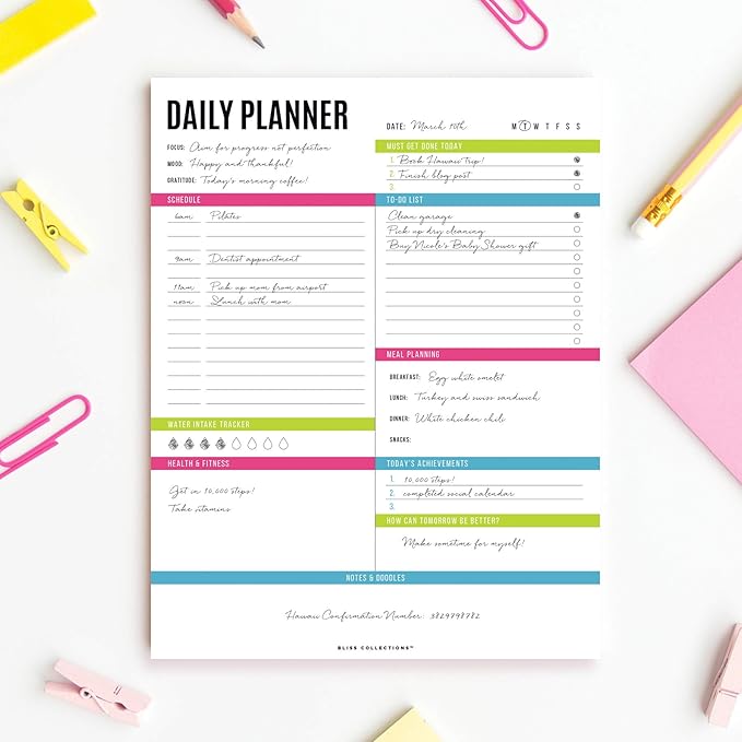 Bliss Collections Daily Planning Pad, To Do List Notebook - Undated Tear-Off Sheets Notepad - Work Calendar, Organizer, Scheduler for Goals, Tasks - Vibrant, 8.5" x 11", 50 Sheets-Ruum Studio Home