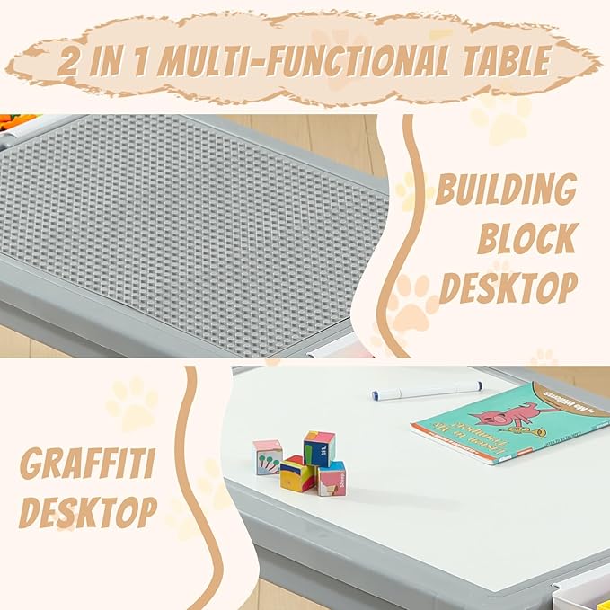 Multi Functional Kids Table and 2 Chairs Set, Graffiti & Building Blocks Double-Sided Tabletop, Toddler Play Table with Drawers, Large Storage Space, Gift for Boys/Girls, Gray-Ruum Studio Home