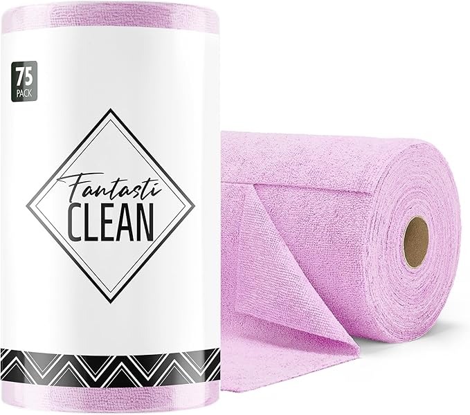 Fantasticlean Microfiber Cleaning Cloth Roll -75 Pack, Tear Away Microfiber Towels, 12" x 12", Reusable, Washable, Scratch Free, Ultra Absorbent Dish Rags for Car, Home, Garage or Shop (Purple)-Ruum Studio Home