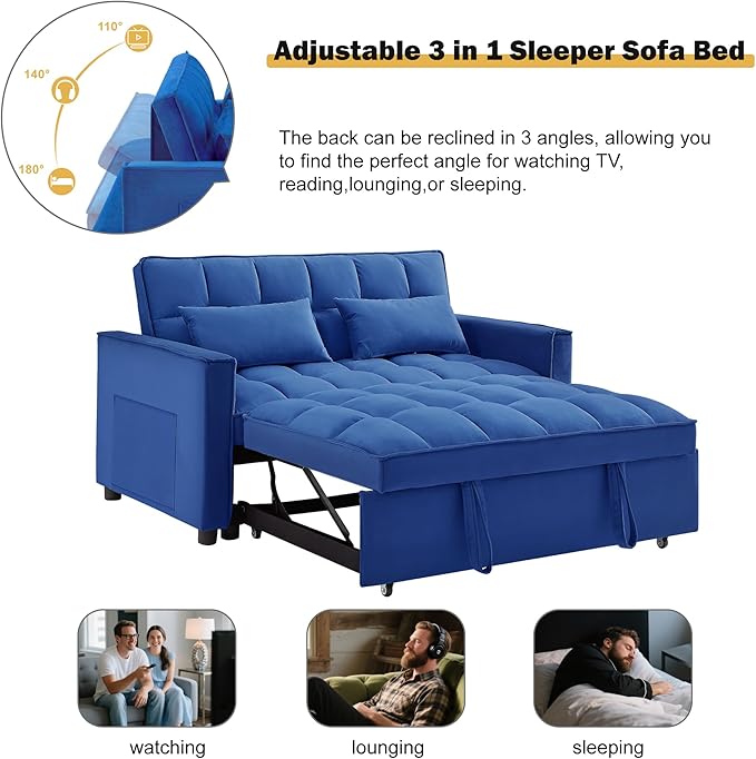 3 in 1 Sleeper Sofa Bed, Futon Sofa Bed for Living Room with Side Pocket, Blue Sleepers Sofas Couch with Pullout Beds, Convertible Love Seat Sleepers couch for Living Room, Bedroom, Small Space-Ruum Studio Home