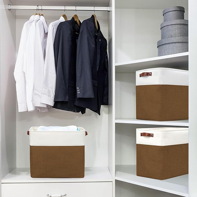 Large Fabric Storage Baskets | 50L Storage Bins, Decorative Linen Closet Baskets with Handles for Organizing, Shelf, Toys, Clothes, Home, Office, Nursery, 17x12x15Inches (Brown&White)-Ruum Studio Home