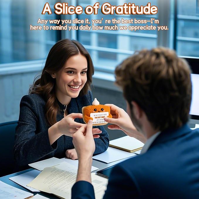 Crochet Pumpkin Pie Gift Idea for Boss – Funny Handmade Appreciation Plush with card “Best Boss” – Farewell Gifts for Women Men, Office Desk Decor, Mini Thank You Token for Manager, Supervisor, Leader-Ruum Studio Home