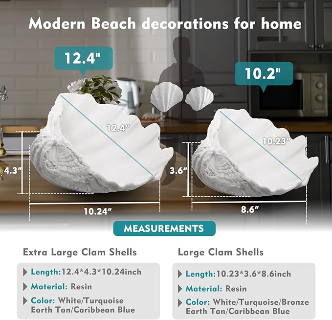 Accessoryway Large White Sea Shells Decorative Bowl Resin Clam Shell Bowl Beach Decorations for Home Coastal Beach Decor Decoration Storage Bowls & Home Office Nautical Themed Party Decor -10.2"-1PC-Ruum Studio Home