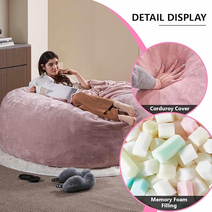 6FT,Oversized Bean Bag Chairs for Adults,Giant beanbag with Filler Included，Fluffy Memory Foam,Soft and Comfy Corduroy Fabric,Gaming Chairs Suitable for Living Room and Bedroom (Pink, 6 Foot)-Ruum Studio Home