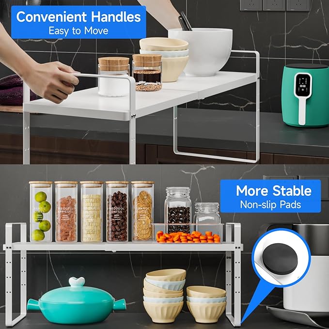 Expandable Cabinet Shelf Organizer, Stackable Kitchen Pantry Counter Storage, Adjustable Closet Cupboard Stand Rack Risers Spice Organization 80LBS Heavy Duty White 3 Pack-Ruum Studio Home