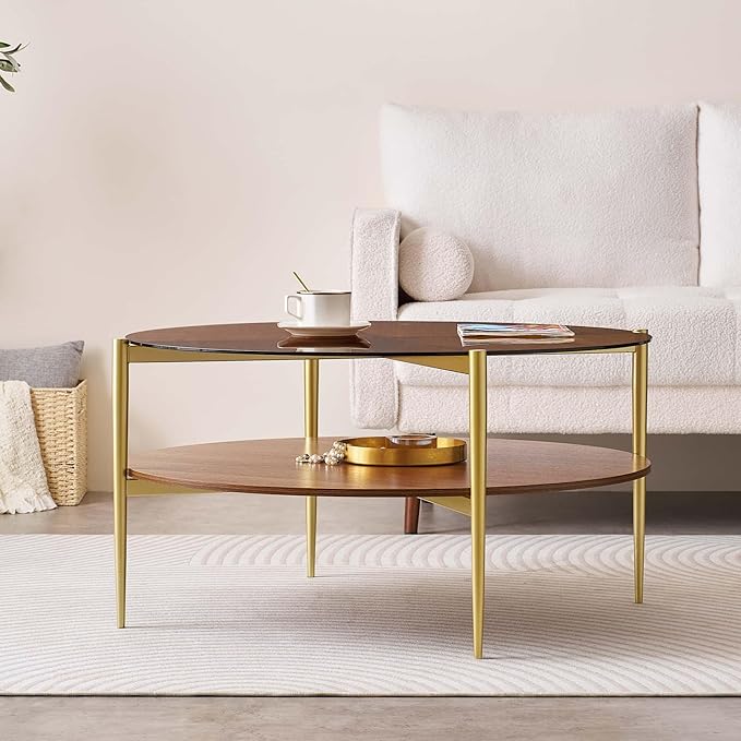 Extra Large Round Coffee Table, Mid-Century Modern Design, D34 x H17 in, for Living Room, 2-Tier Structure, Amber Glass Top and Walnut MDF Shelf, Sleek Conical Metal Legs with Gold Finish-Ruum Studio Home