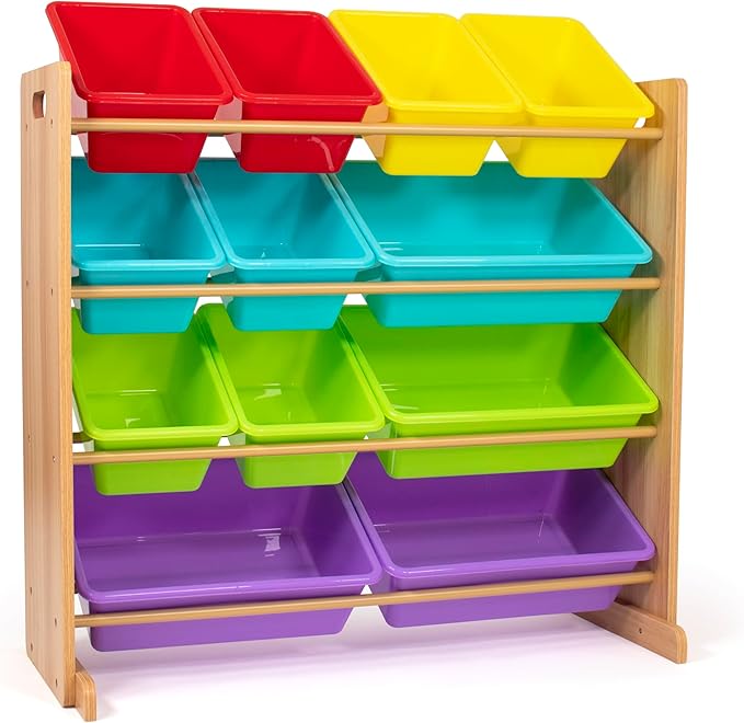 Humble Crew Kids Toy Storage Organizer with 12 Plastic Bins, Natural Wood/Rainbow – Removable Bins for Playroom, Bedroom, Toddler Furniture for Boys and Girls Ages-Ruum Studio Home