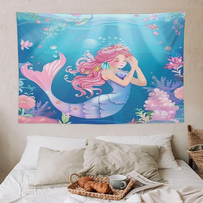 HZOHNAGO Mermaid Girls Tapestry Watercolor Flowers Mermaid Princess Blessing Pattern for Kids Room Decoration Printed Wall Tapestry Wall Hanging for Bedroom Living Room Dorm 60" W x 40" H-Ruum Studio Home