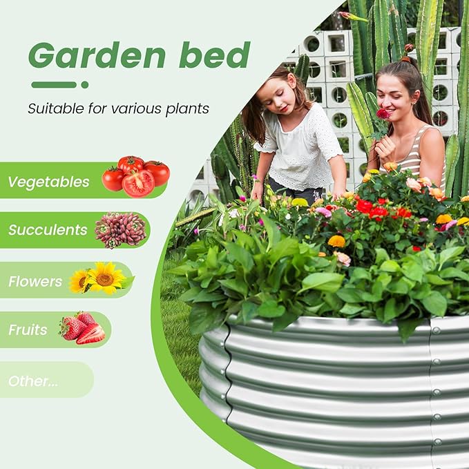 Land Guard 4×4×3ft Galvanized Raised Garden Bed Kit, Round Galvanized Planter Raised Garden Boxes Outdoor, Large Metal Raised Garden Beds for Vegetables, Silver-Ruum Studio Home