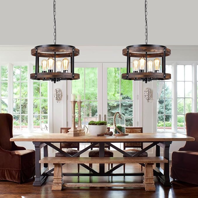 4-Light Large Rustic Farmhouse Plug in Pendant Light Fixture with Adjustable Chain, Dimmable Switch, 16.5 inch Oak Wood Drum Hanging Lamp for Dining Room Living Room Farmhouse Entry, Black-Ruum Studio Home
