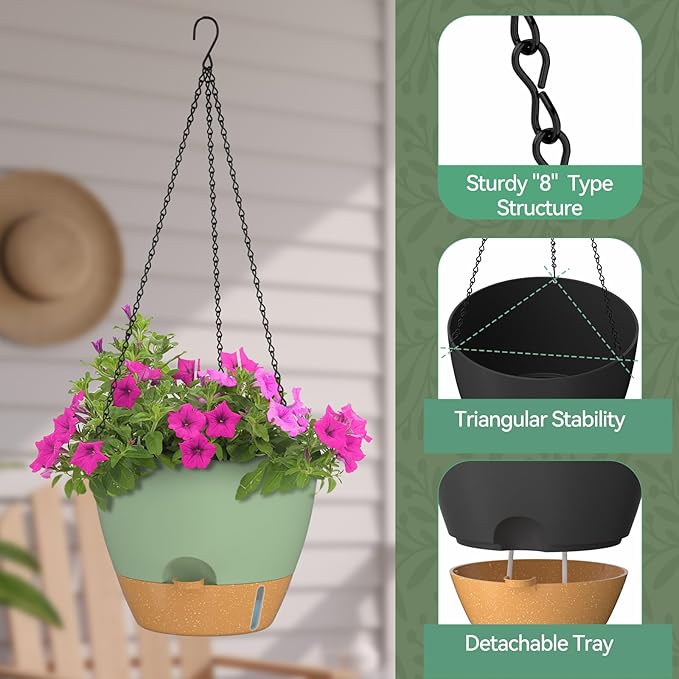 ZMTECH 12 Inch Hanging Planters for Indoor Outdoor Plants, 2 Pack Self Watering Hanging Plant Pots with Drainage Hole, Visual Reservoir, Plastic Flower Hanging Pots with Watering Lip (Green)-Ruum Studio Home