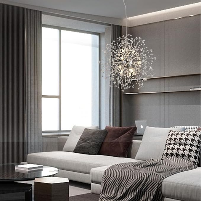 Sputnik Crystal Chandelier, Modern Beaded Ceiling Lamp with Chrome, Round Dandelion Pendant Light Fixtures for Living Room Bedroom Dining Room Farmhouse Kitchen Island (Chrome 9Lights)-Ruum Studio Home