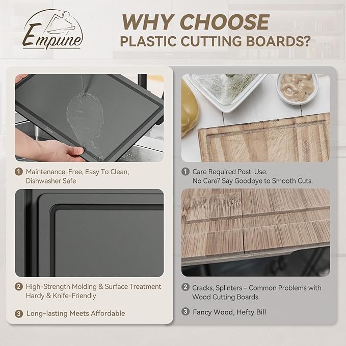 Empune Plastic Cutting Board Set, Recycled Plastic Cutting Boards for Kitchen (Set of 3), Dishwasher Safe Large Chopping Board with Holder, Non-slip Feet and Juice Grooves, Nonporous, Grey-Ruum Studio Home