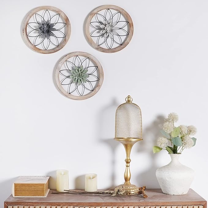 Paquesta 3 Piece Round Farmhouse Wall Decor with 6 Piece Interchangeable Flowers 12'' Medallion Wood & Metal Rustic Wall Art for Living Room Bedroom Kitchen Bathroom Dining Room Home Decorations-Ruum Studio Home