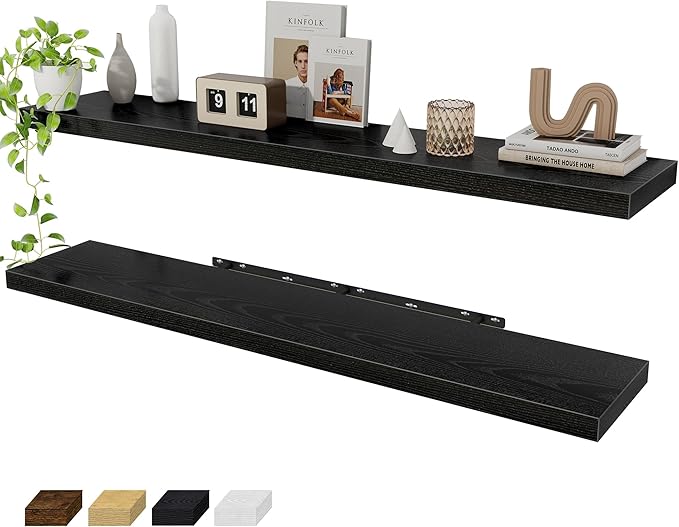 Fun Memories 55 Inch Floating Shelves for Wall 2 Pack Shelves for Bedroom|Kitchen|Bathroom 55 x 9.3 Inch Wood Floating Shelf with Invisible Brackets for Books|Storage|Decor, Black-Ruum Studio Home