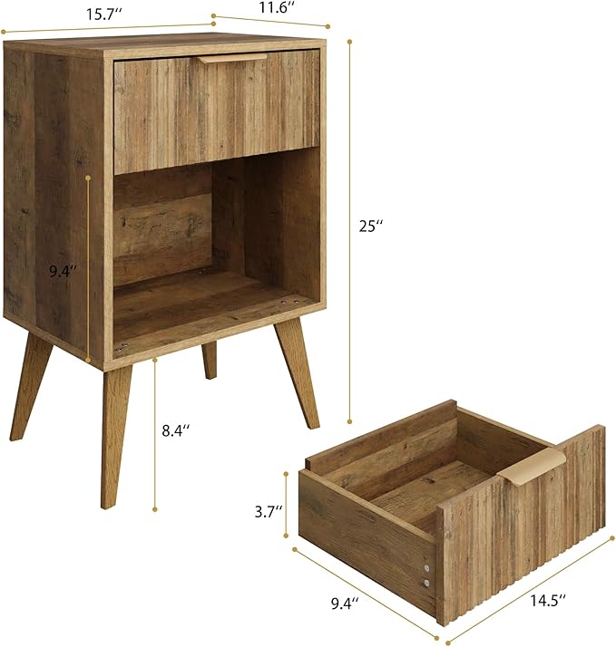 Fluted Night Stand with Opening Storage,Mid Century Bedside Table with Drawer,Wood Nightstand with Solid Wood Legs,End Table Side Table for Living Room,Bedroom,Caramel Oak CTG56BR-Ruum Studio Home