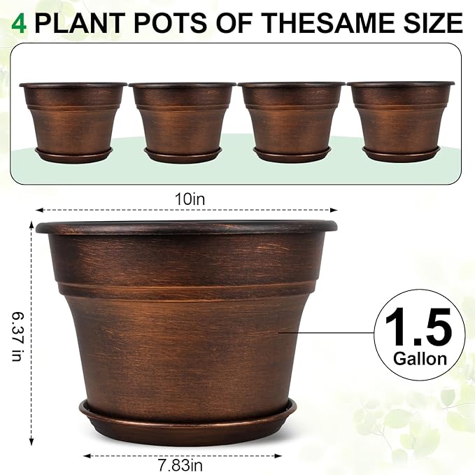 10 Inch Planters Plant Pots Indoor Outdoor, 4 Pack Plastic Flower Pot for Indoor Plants with Drainage Holes & Trays, Resin Decorative Container Sets with Saucer for House Garden Copper-Ruum Studio Home
