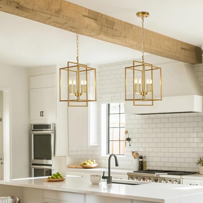 Farmhouse Gold Chandelier, 4-Light Vintage Chandeliers for Dining Room, Adjustable Modern Rustic Metal Hanging Pendant Light Fixture for Entryway Foyer Kitchen Island Hallway-Ruum Studio Home