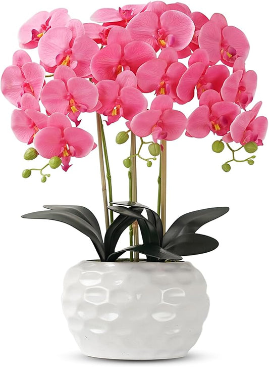 Orchid Artificial Flowers with White Vase Large Silk Faux Phalaenopsis Flowers for Dining Room Table Floral Centerpieces Indoor Decoration,Fuchsia-Ruum Studio Home