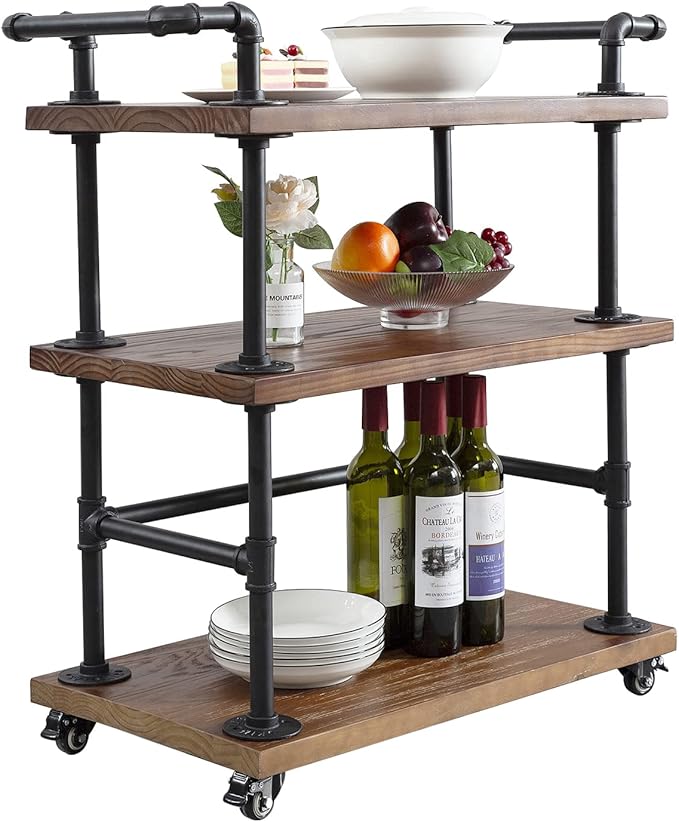 Industrial Pipe Bar Carts/Serving Carts/Kitchen Carts/Wine Rack Carts on Wheels with Shelves - Wood Rolling Carts - Wine Tea Liquor Shelves/Holder - Home Furniture-Ruum Studio Home