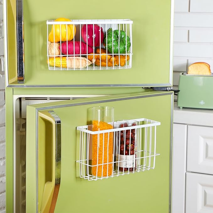 3 Pcs Magnetic or Adhesive Refrigerator Organizer Magnetic Baskets Kitchen Holder for Refrigerator Metal Shelf Rack Storage with 2 Types of Installation(White)-Ruum Studio Home