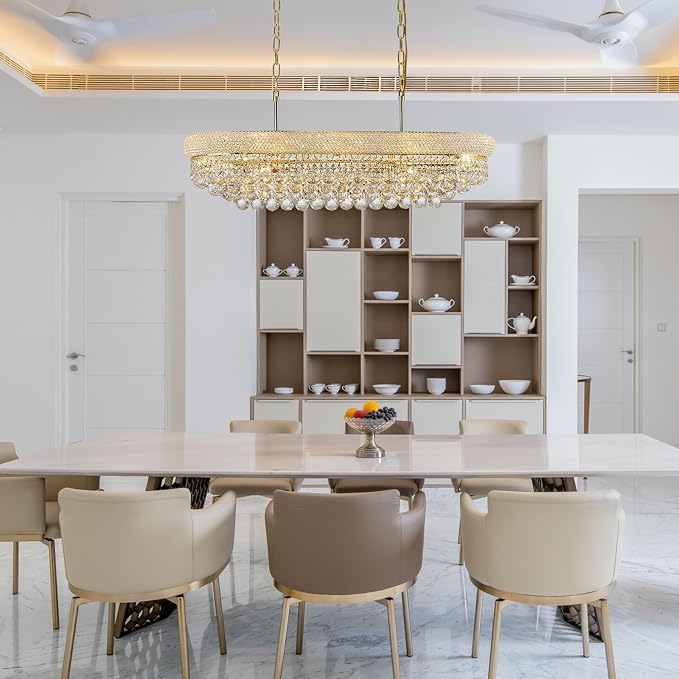 Rectangular Crystal Chandeliers for Dining Room,10 Lights Adjustable Height Oval Crystal Ceiling Light Fixture for Kitchen Island, Gold Finish, L36''-Ruum Studio Home
