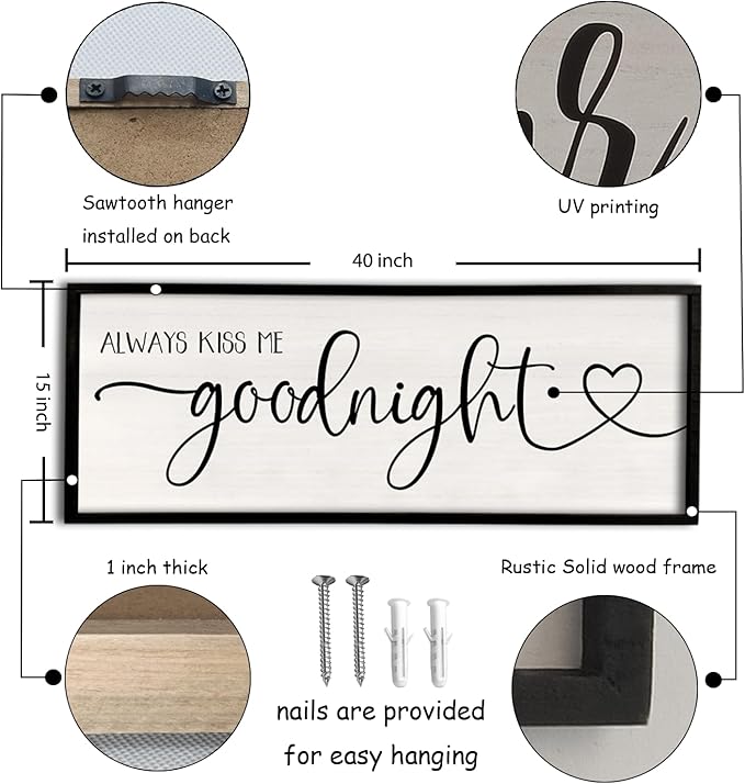 flowtorely Always Kiss Me Goodnight Wall Sign For Master Bedroom Above Bed Wall Decor 40''×15'' Large Rustic Solid Wood Frame For Farmhouse Couples Above bed Wall Art Decoration (Black)-Ruum Studio Home