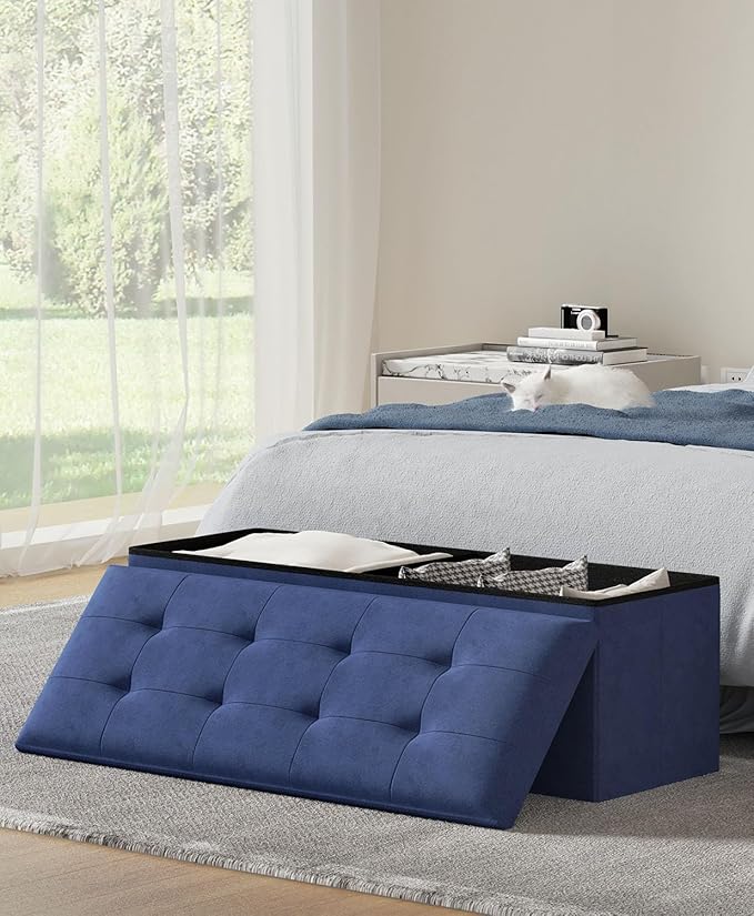 Storage Ottoman Bench, Folding Ottoman Foot Rest, End of Bed Bench,Storage Chest, for Living Room, Bedroom, Hallway, Entryway, Holds up to 700 lb (Navy BLUE1, 43")-Ruum Studio Home